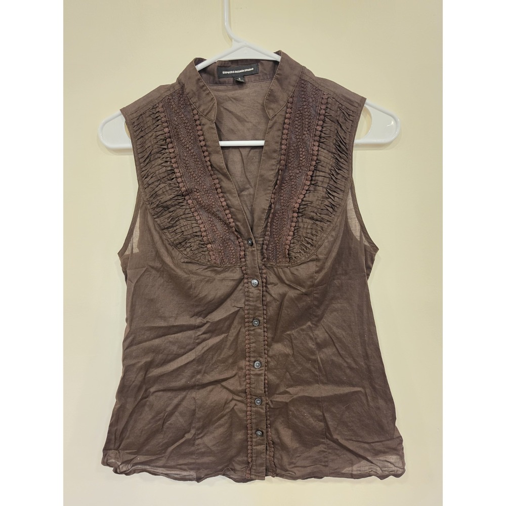 Y2K Express Brown Cotton Embroidered Boho Sleeveless Button Up Top Size S
